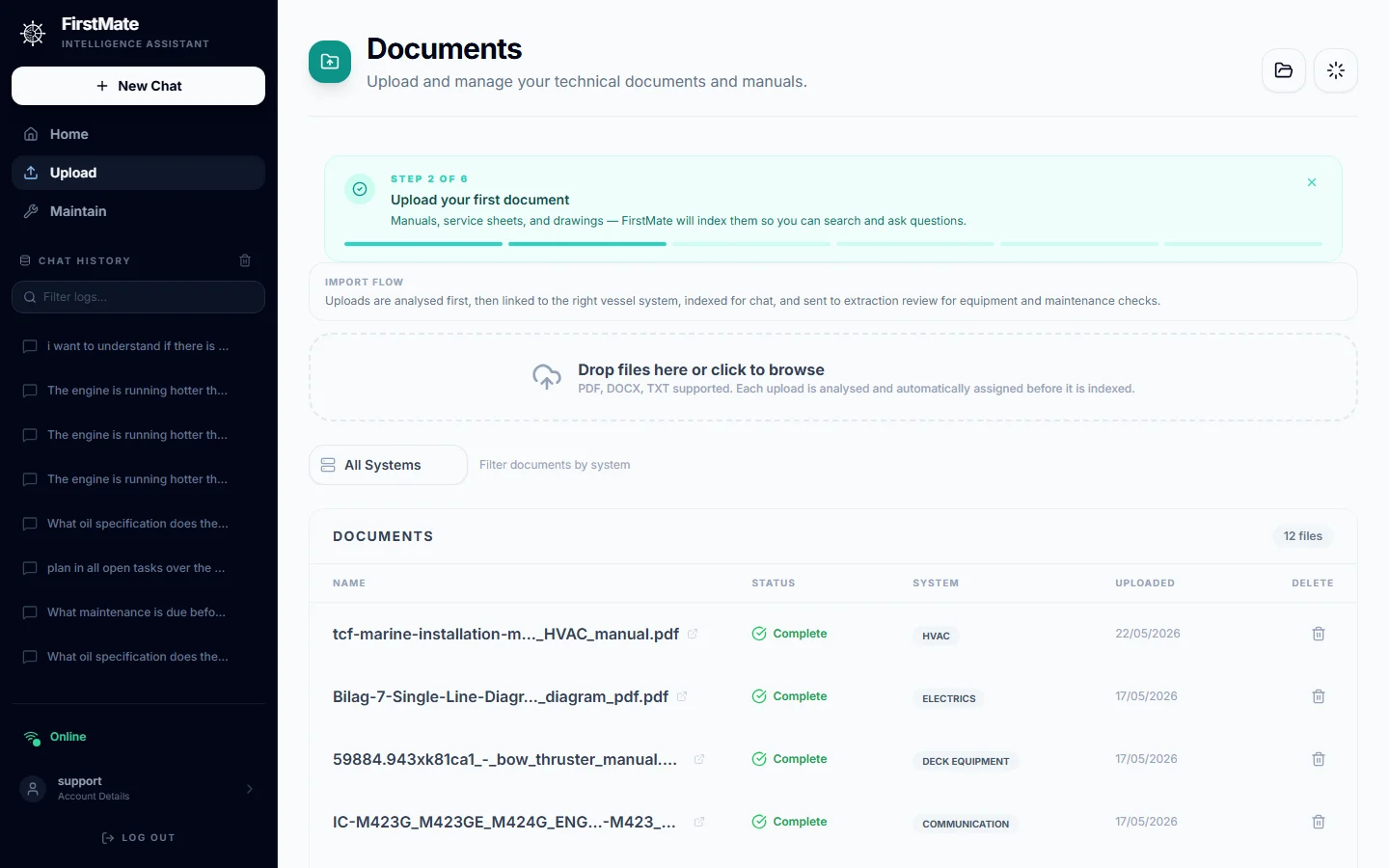 FirstMate document library with searchable manuals and vessel paperwork