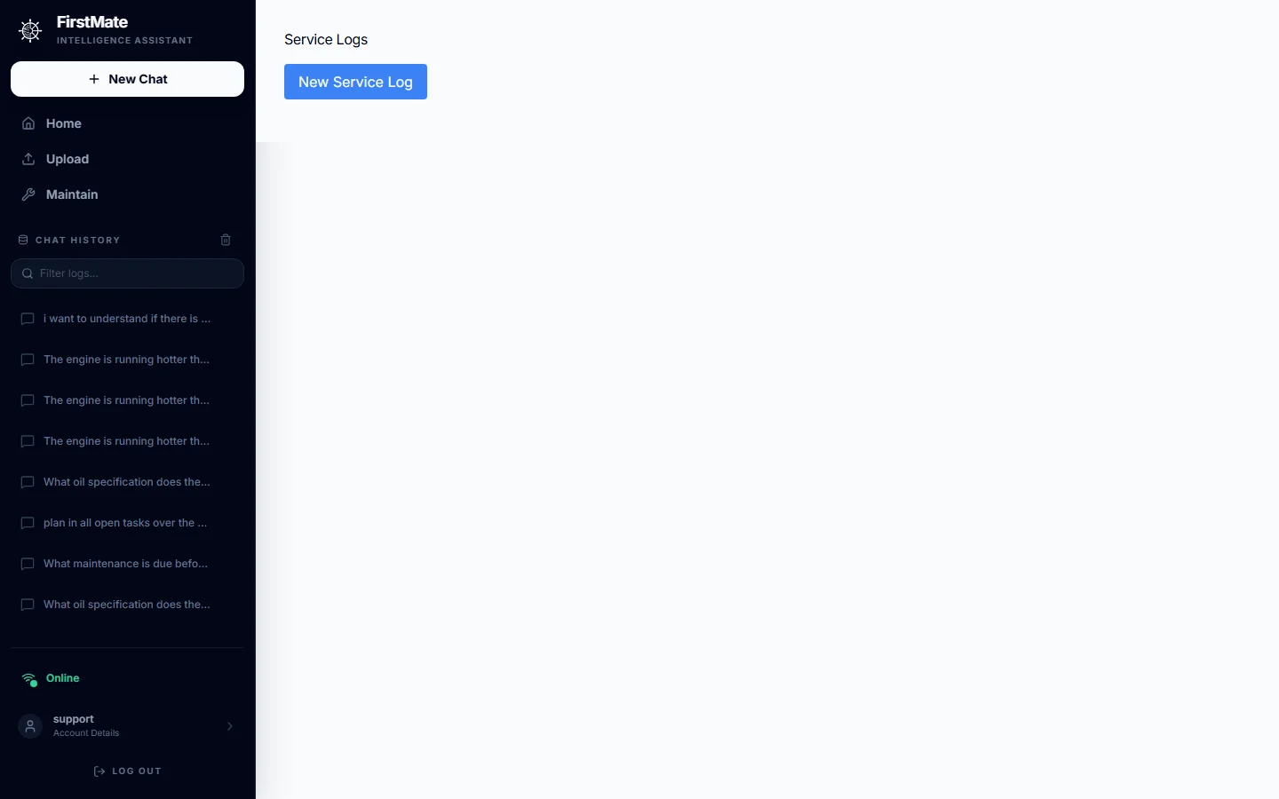 FirstMate digital service logbook listing completed maintenance entries with dates