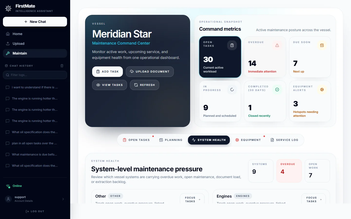 FirstMate system health overview summarising vessel equipment status