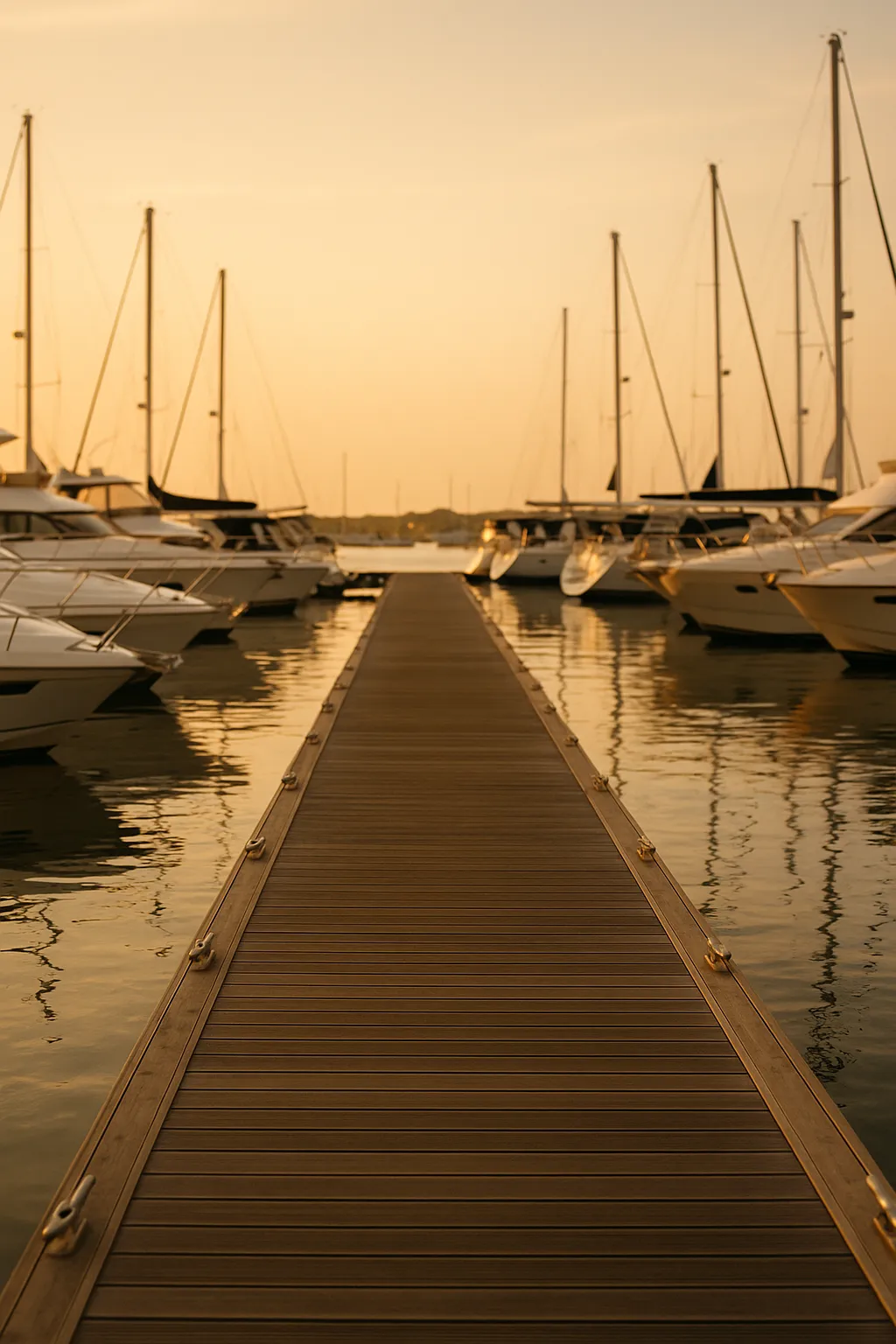 A marina at golden hour, yachts moored along the dock